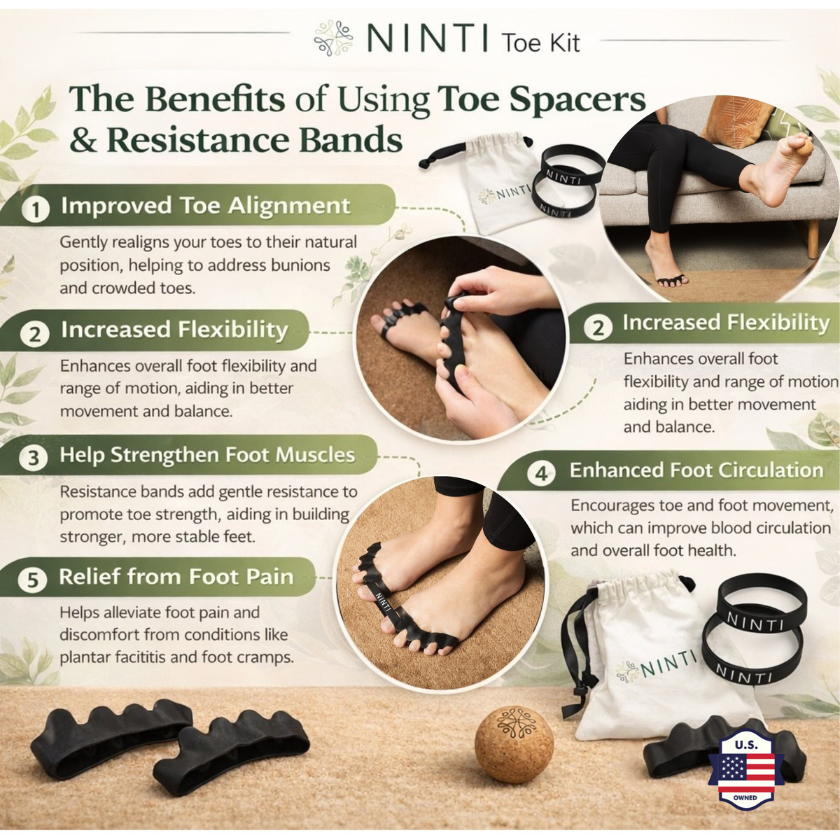 NINTI Toe Spacer Kit, Resistance Band, Massage Ball, Silicone Separators